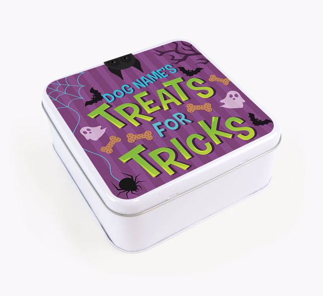 Personalised 'Treats For Tricks' Square Treat Tin with {breedFullName} Icon